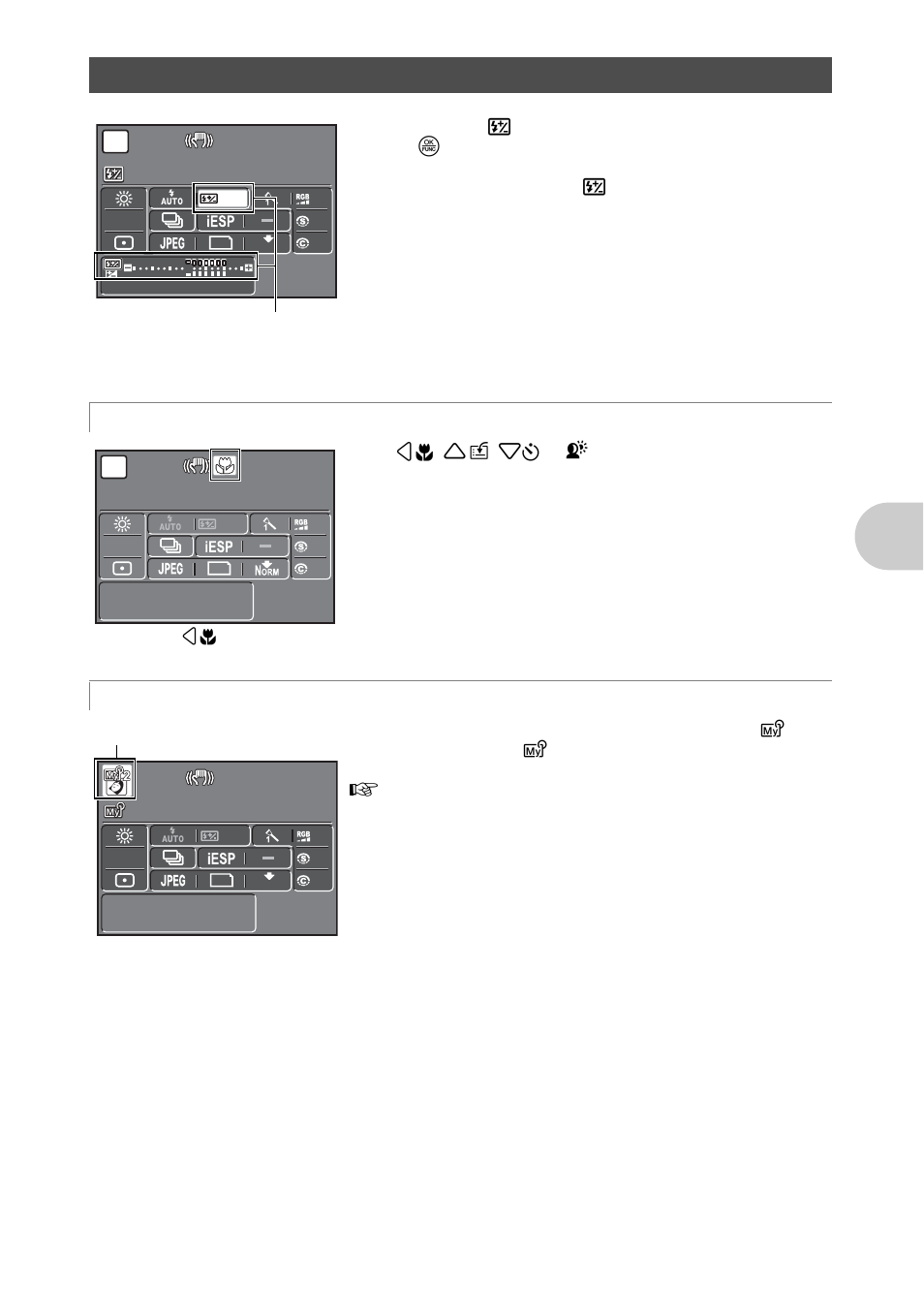 Using the control panel, Switching my mode” (p.31), G “setting using the buttons” (p.31) | G “using the control panel” (p.31), Setting using the buttons, Switching my mode | Olympus SP-570 UZ User Manual | Page 31 / 96