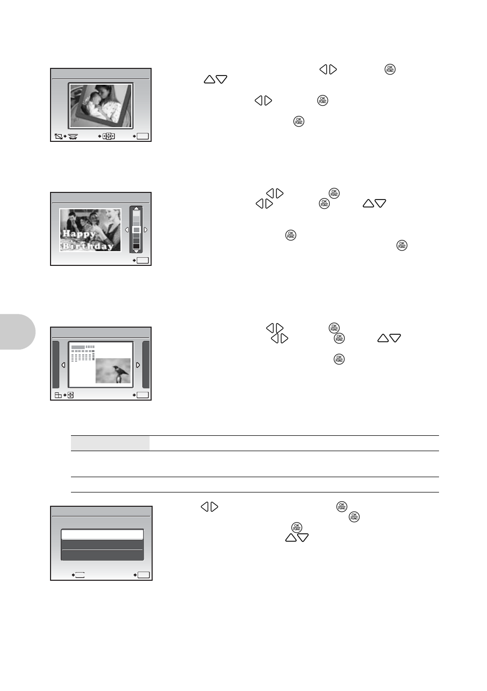 Add a frame to your picture, Add a label to your picture, Create a calendar print with your picture | Creating an index layout of pictures, Menu ope rati ons, Frame, Label, Calendar, Layout | Olympus SP-570 UZ User Manual | Page 48 / 96