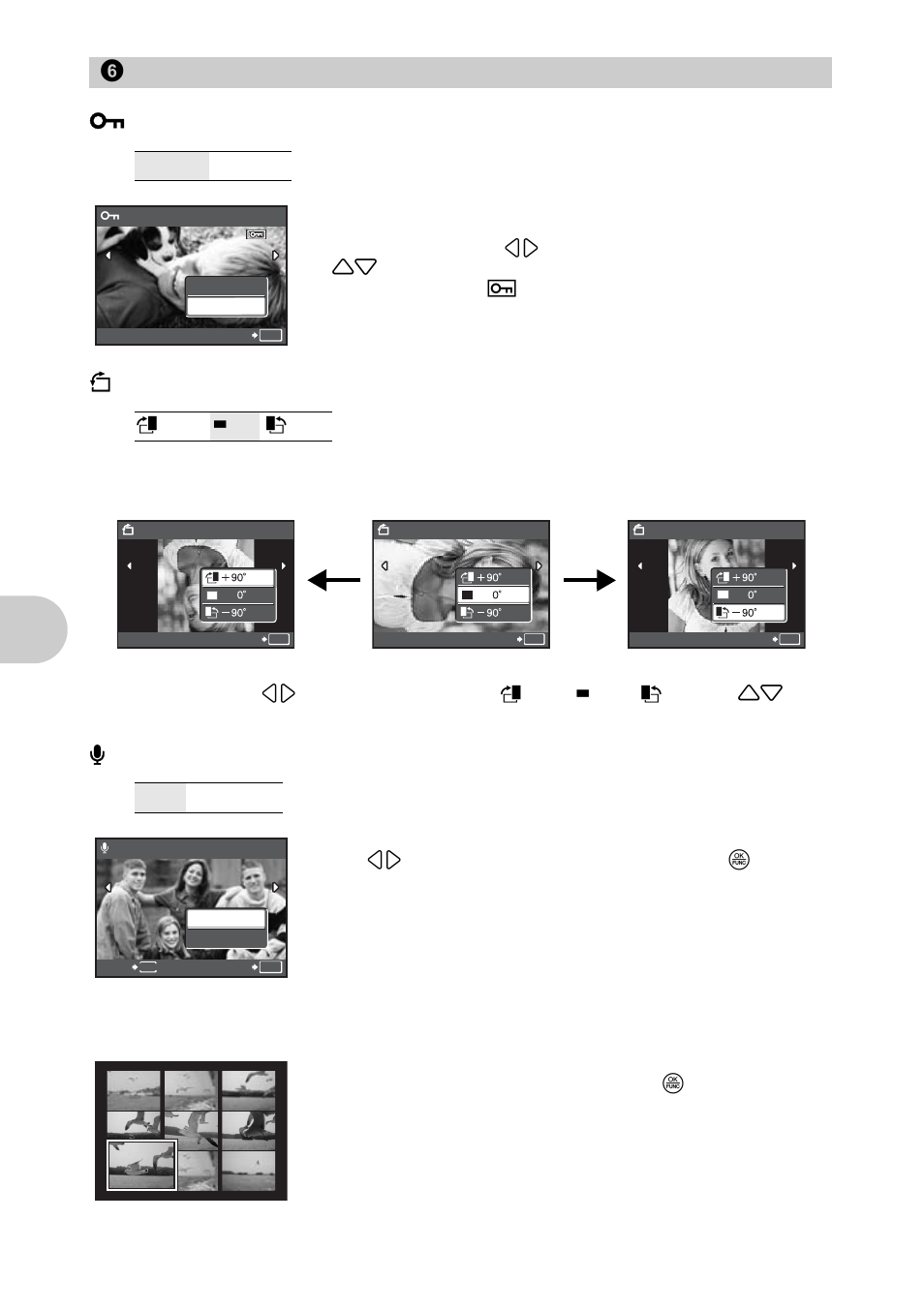 Playback menu, Protecting pictures, Rotating pictures | Adding sound to still pictures, Selecting the playback position of the movie, P.50, Menu ope rati ons, 6 playback menu, Index play | Olympus SP-570 UZ User Manual | Page 50 / 96