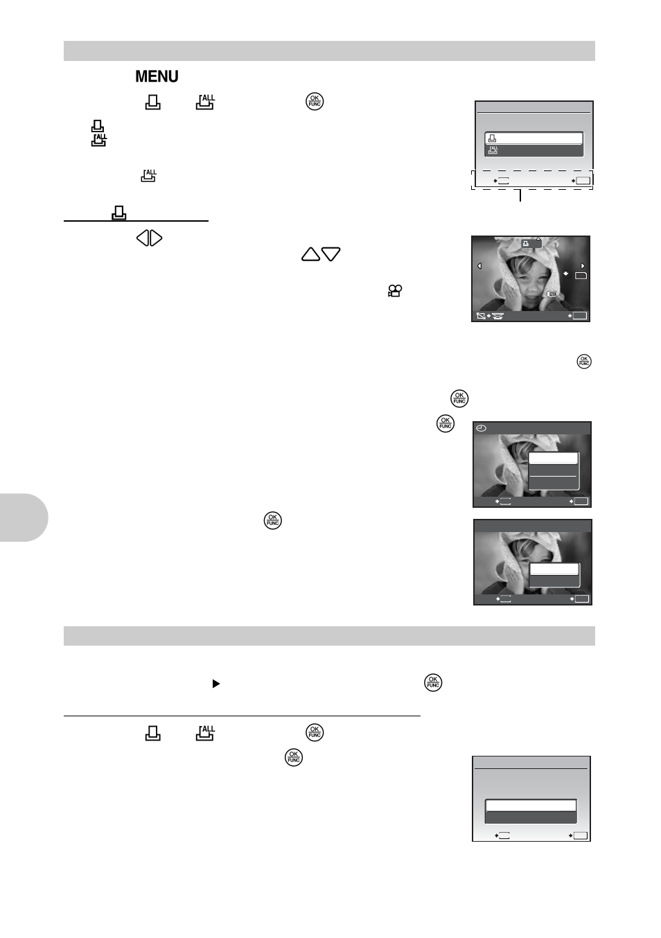 Making a print reservation, Resetting print reservation data, P.62 | Pri nti ng pi ct ures, Select [ < ] or [ u ], and press o, When you finish making print reservations, press o, Select [set], and press o, Select top menu [print order], and press o, When [ < ] is selected | Olympus SP-570 UZ User Manual | Page 62 / 96