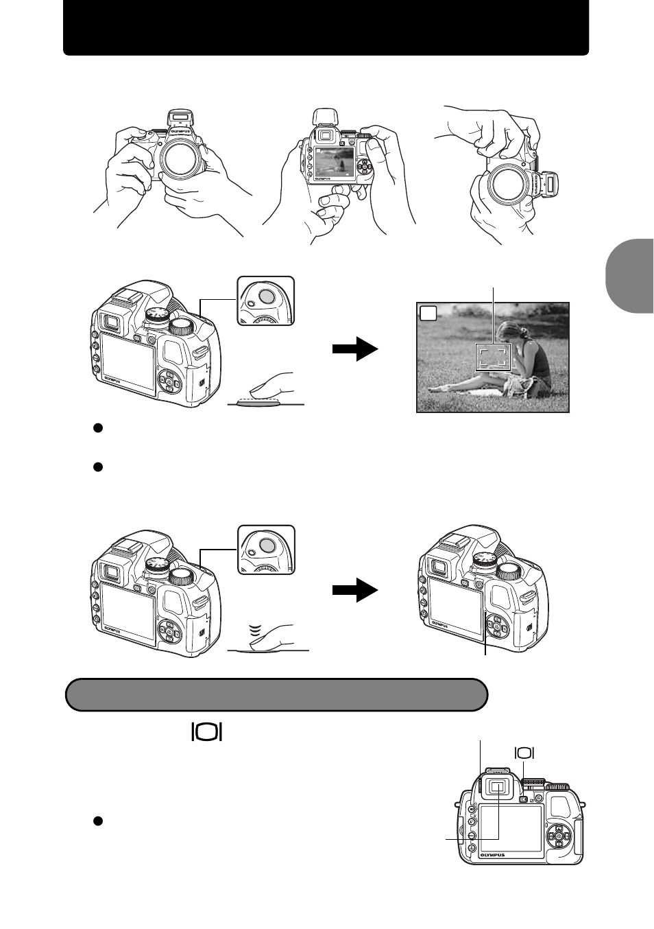 Take a picture, A. hold the camera b. focus, Quick start guide | Adjusting the viewfinder’s focus using the diopter, Horizontal grip vertical grip | Olympus SP-570 UZ User Manual | Page 9 / 96