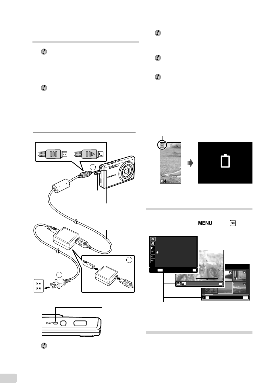 Operation guide, Setting the date, time and time zone, Example: ac adapter with an ac cable | When to charge the batteries | Olympus X-960 User Manual | Page 12 / 61