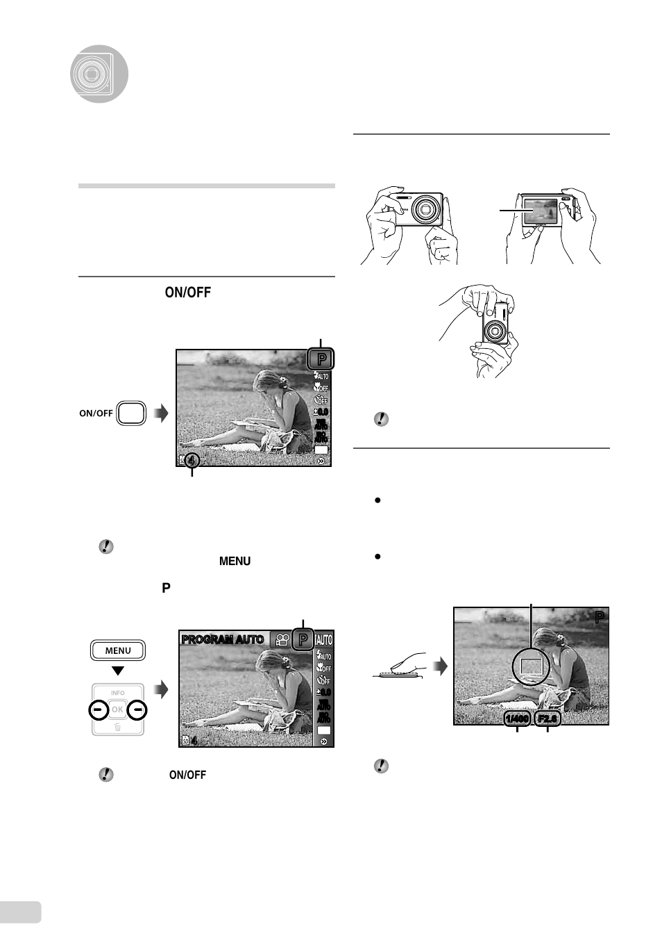 Shooting, viewing, and erasing, 14 en, Hold the camera and compose the shot | Press the n button to turn on the camera | Olympus X-960 User Manual | Page 14 / 61