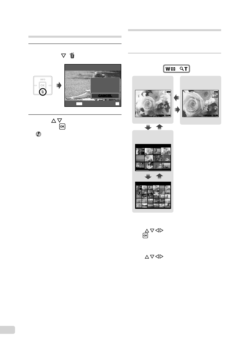 Index view and close-up view, Display the image you want to erase and press g, Press fg to select [erase], and press the h button | Press the zoom buttons | Olympus X-960 User Manual | Page 18 / 61