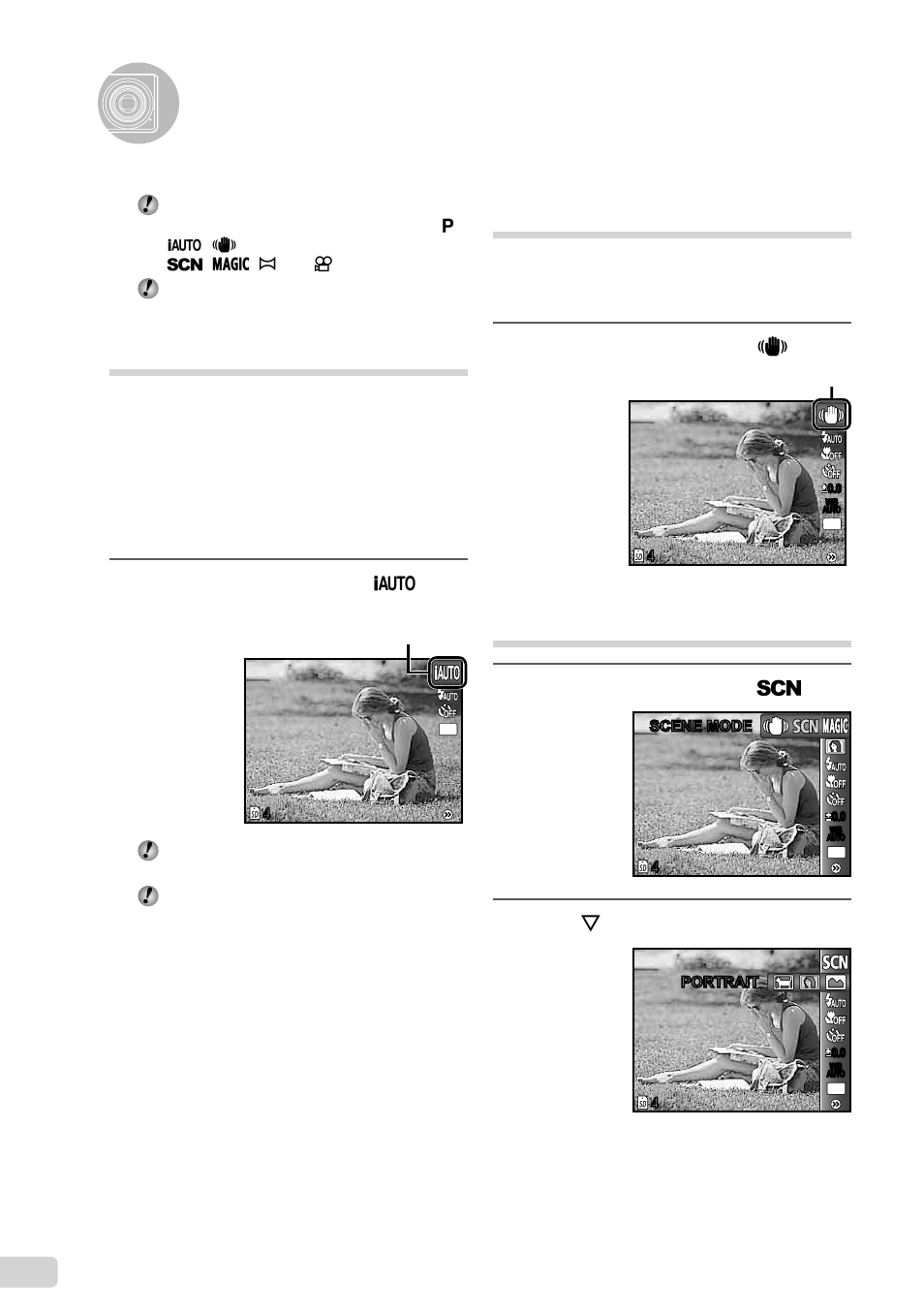 Using shooting modes, 20 en, Reducing blur on shooting [dis mode] (fe-4030) | Shooting with automatic settings [iauto, Set the shooting mode to n, Set the shooting mode to s, Press g to go to the submenu, Set the shooting mode to m | Olympus X-960 User Manual | Page 20 / 61