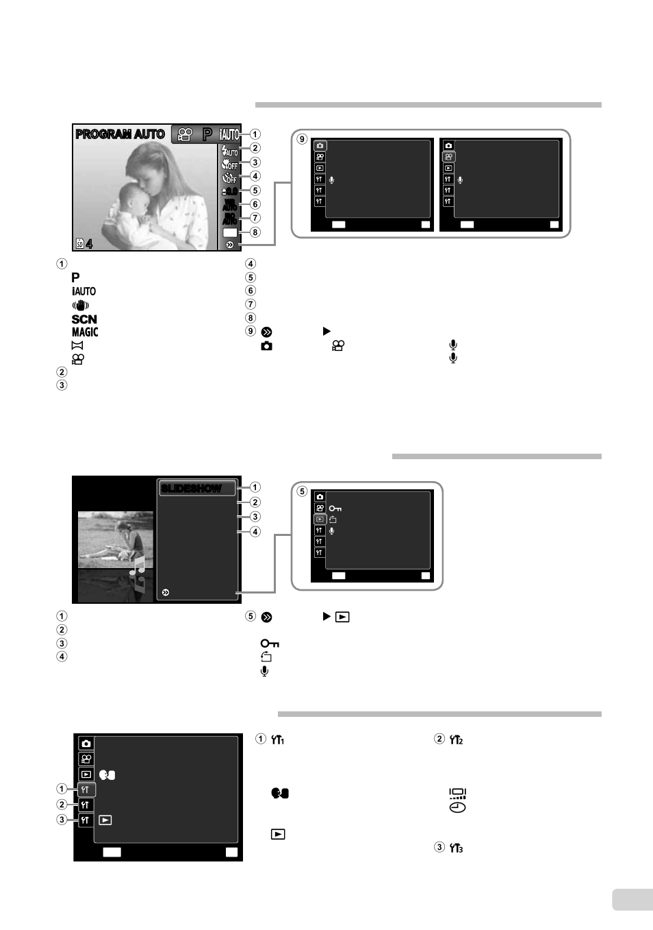 Menu index, Menus for shooting functions, Menus for other camera settings | Program auto | Olympus X-960 User Manual | Page 5 / 61