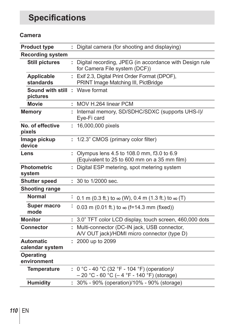 Specifications | Olympus SH1 User Manual | Page 110 / 113
