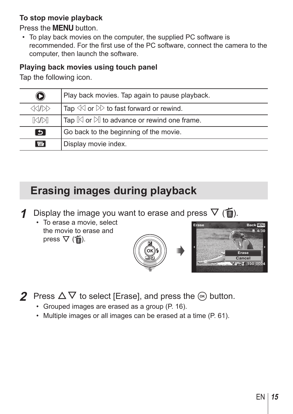 Erasing images during playback, Press fg to select [erase], and press the a button | Olympus SH1 User Manual | Page 15 / 113