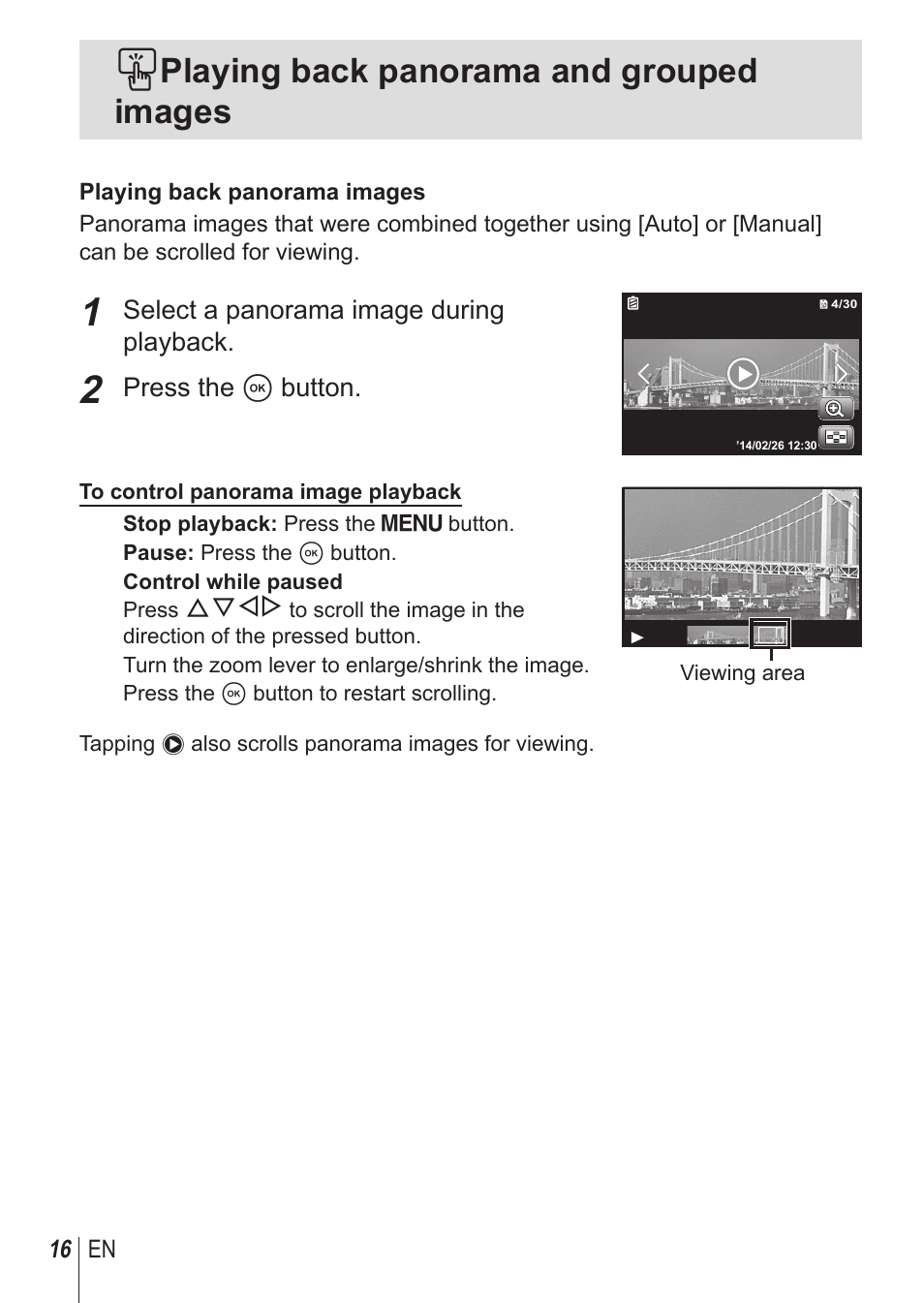 Playing back panorama and grouped images | Olympus SH1 User Manual | Page 16 / 113