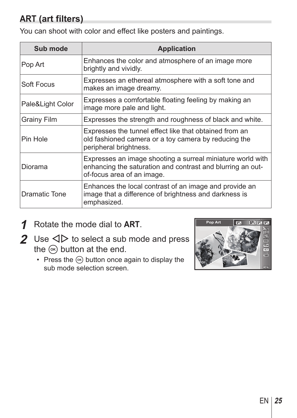 Art (art filters), Rotate the mode dial to art, 25 en | Olympus SH1 User Manual | Page 25 / 113