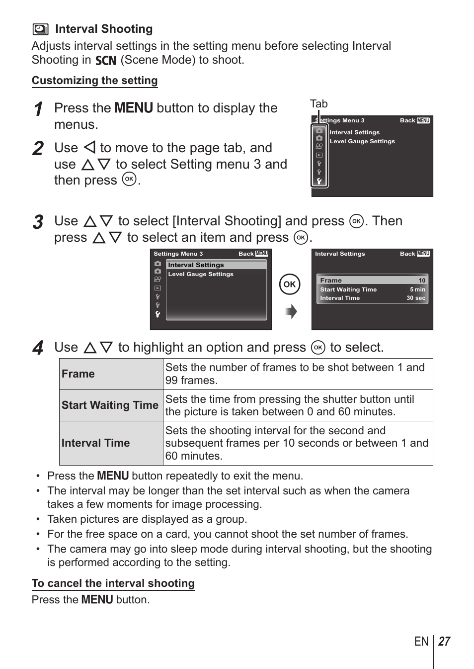 Press the  button to display the menus, 27 en | Olympus SH1 User Manual | Page 27 / 113