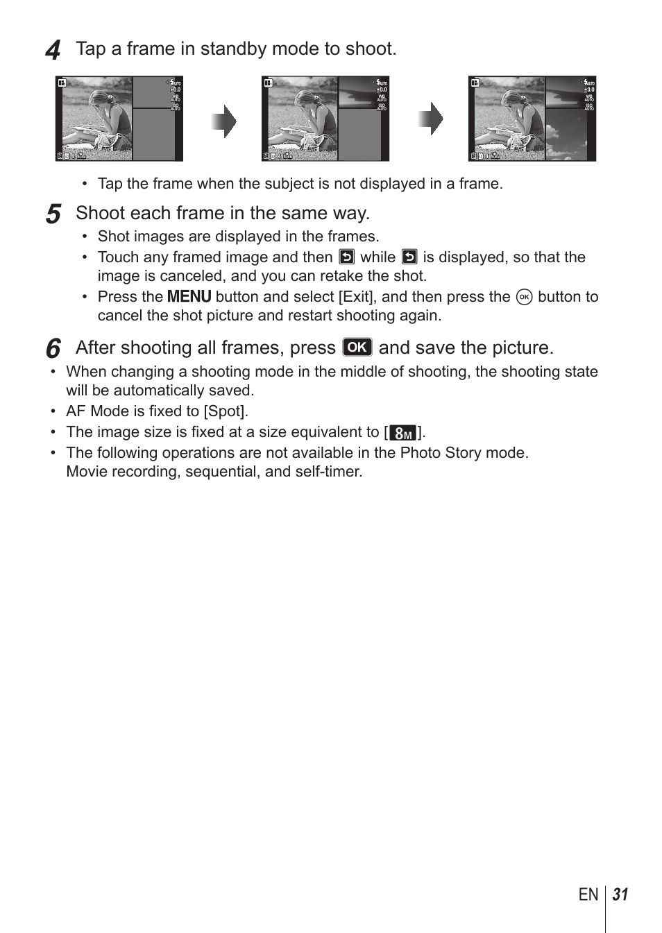 Tap a frame in standby mode to shoot, Shoot each frame in the same way, 31 en | Olympus SH1 User Manual | Page 31 / 113