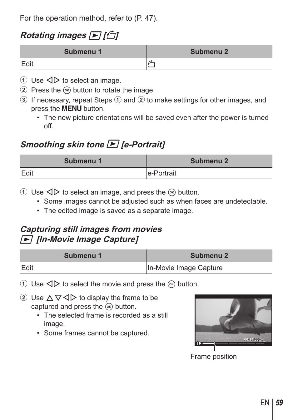 Rotating images q [ y, Smoothing skin tone q [e-portrait | Olympus SH1 User Manual | Page 59 / 113
