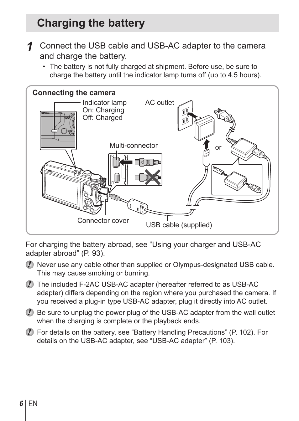 Charging the battery | Olympus SH1 User Manual | Page 6 / 113