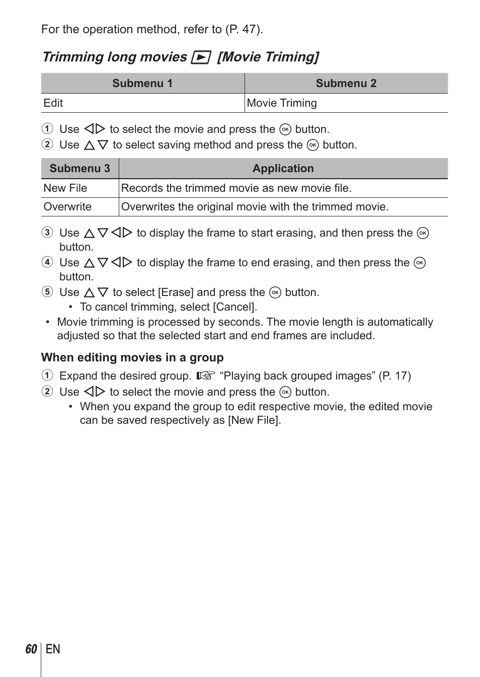 Trimming long movies q [movie triming | Olympus SH1 User Manual | Page 60 / 113