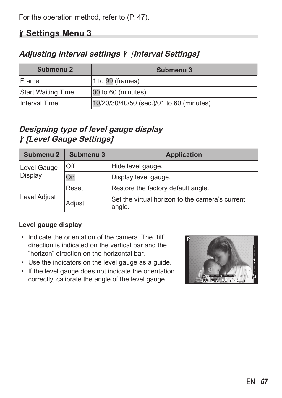 D settings menu 3, Adjusting interval settings d [ interval settings | Olympus SH1 User Manual | Page 67 / 113