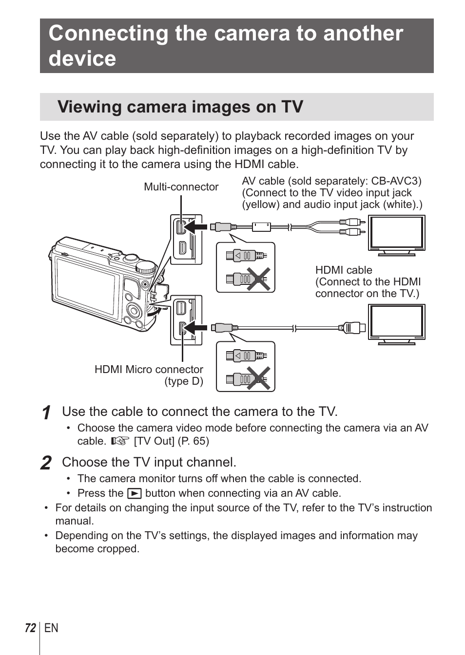 Connecting the camera to another device, Viewing camera images on tv | Olympus SH1 User Manual | Page 72 / 113