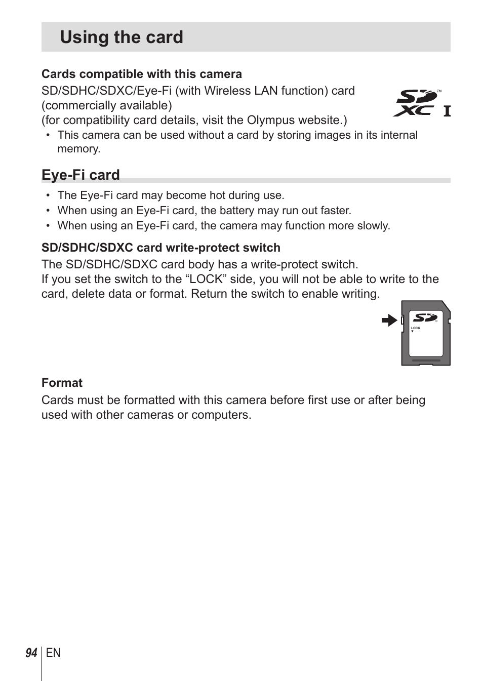 Using the card, Eye-fi card | Olympus SH1 User Manual | Page 94 / 113