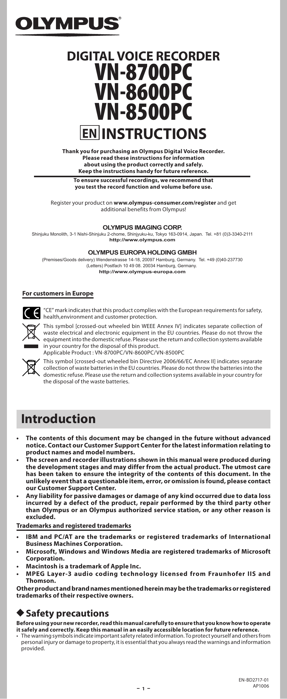 Olympus VN-8700PC User Manual | 18 pages