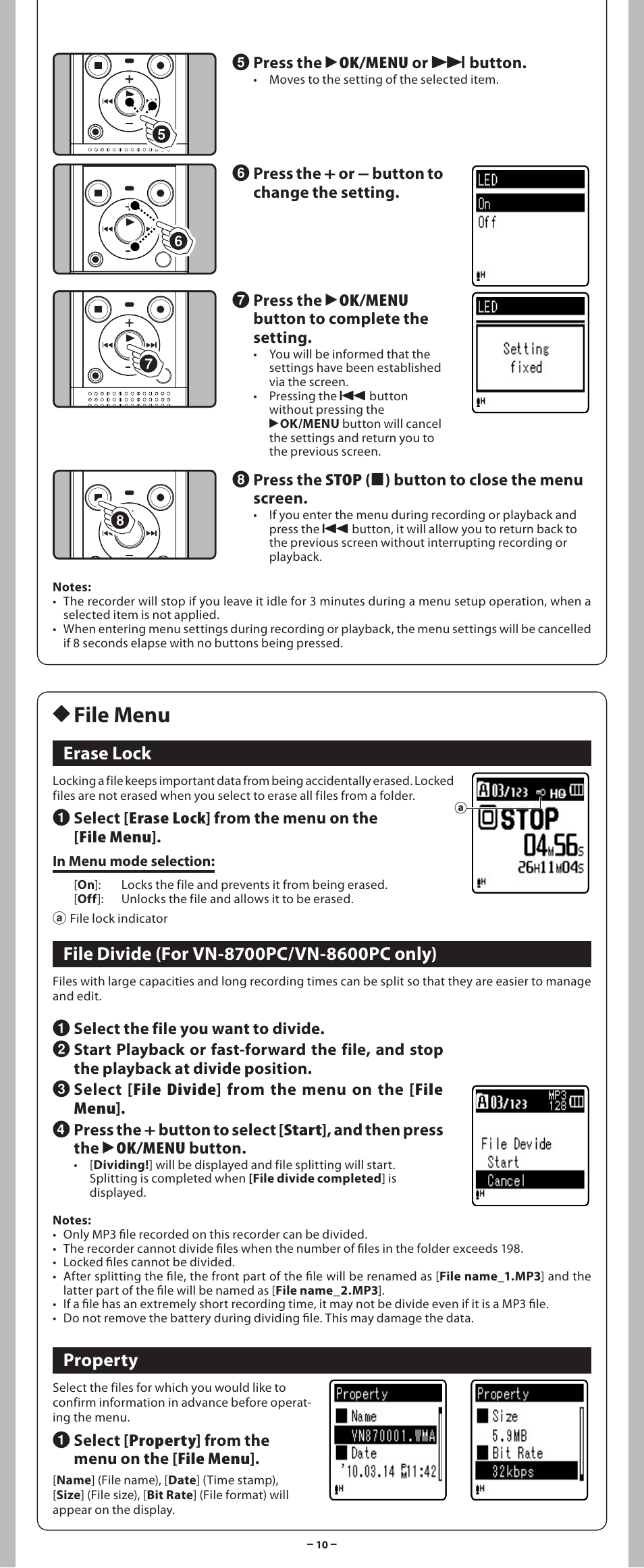 H file menu, Erase lock, Property | Olympus VN-8700PC User Manual | Page 10 / 18