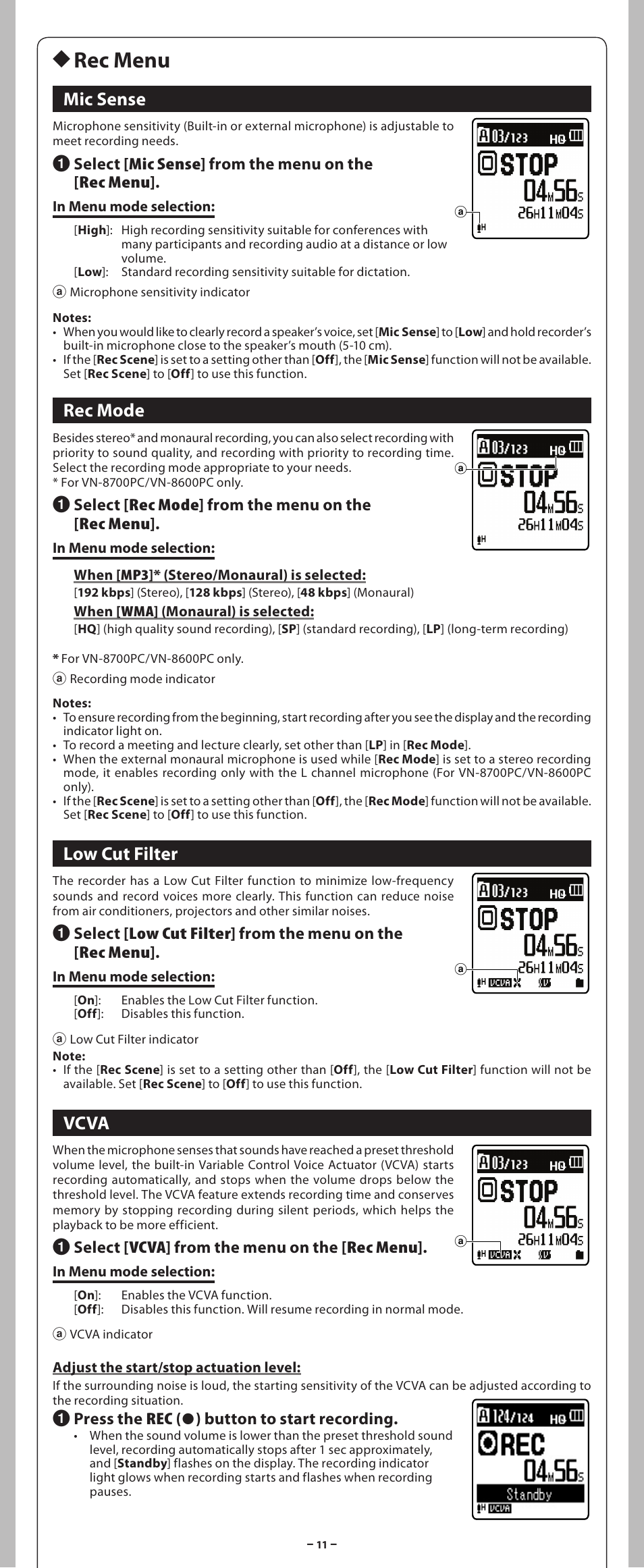 H rec menu, Vcva, Mic sense | Rec mode, Low cut filter | Olympus VN-8700PC User Manual | Page 11 / 18