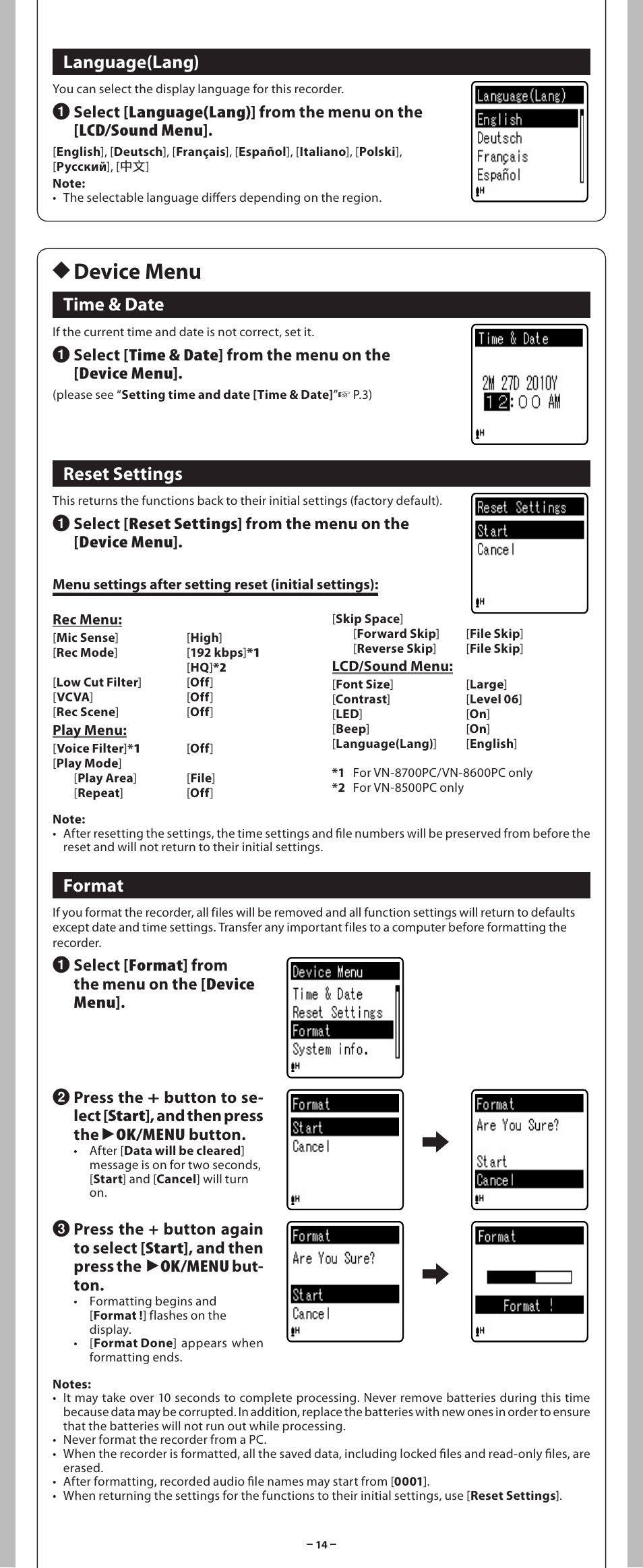 H device menu, Time & date, Reset settings | Format, Language(lang) | Olympus VN-8700PC User Manual | Page 14 / 18