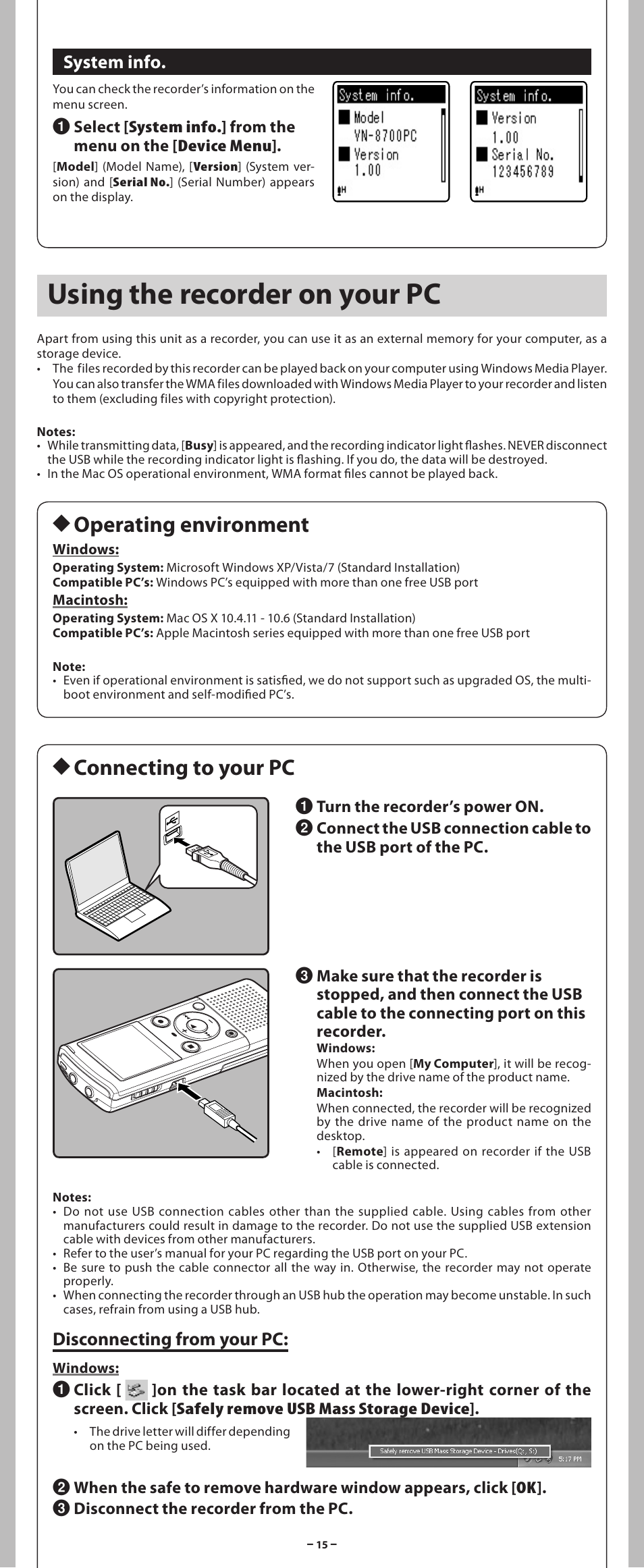 Using the recorder on your pc, H operating environment, H connecting to your pc | System info, Disconnecting from your pc | Olympus VN-8700PC User Manual | Page 15 / 18