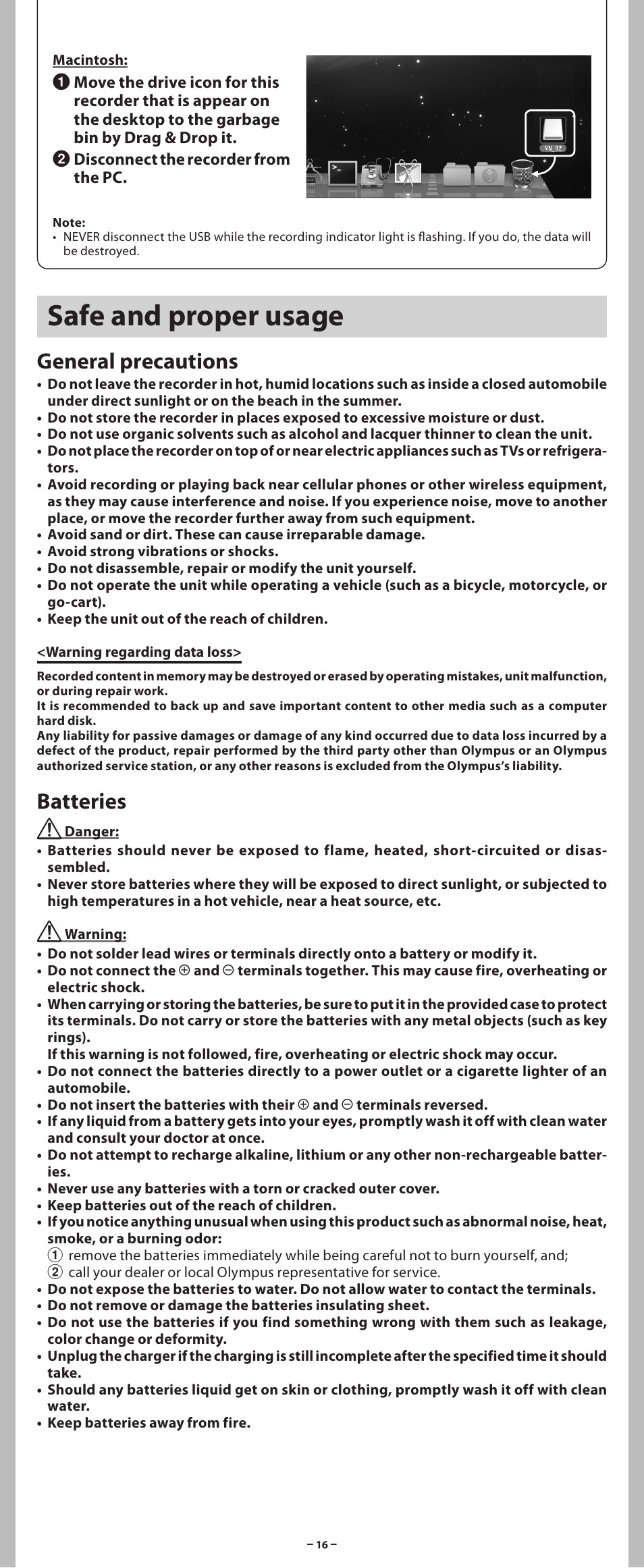 Safe and proper usage, General precautions, Batteries | Olympus VN-8700PC User Manual | Page 16 / 18