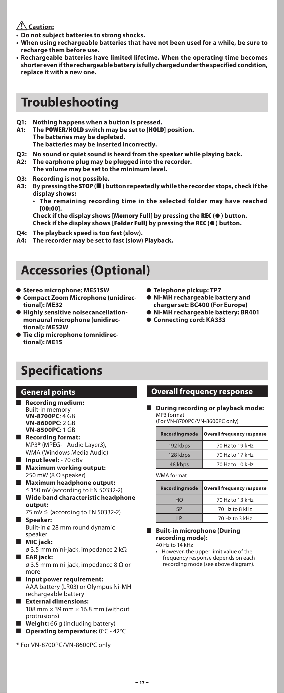 Troubleshooting specifications, Accessories (optional), General points | Overall frequency response | Olympus VN-8700PC User Manual | Page 17 / 18
