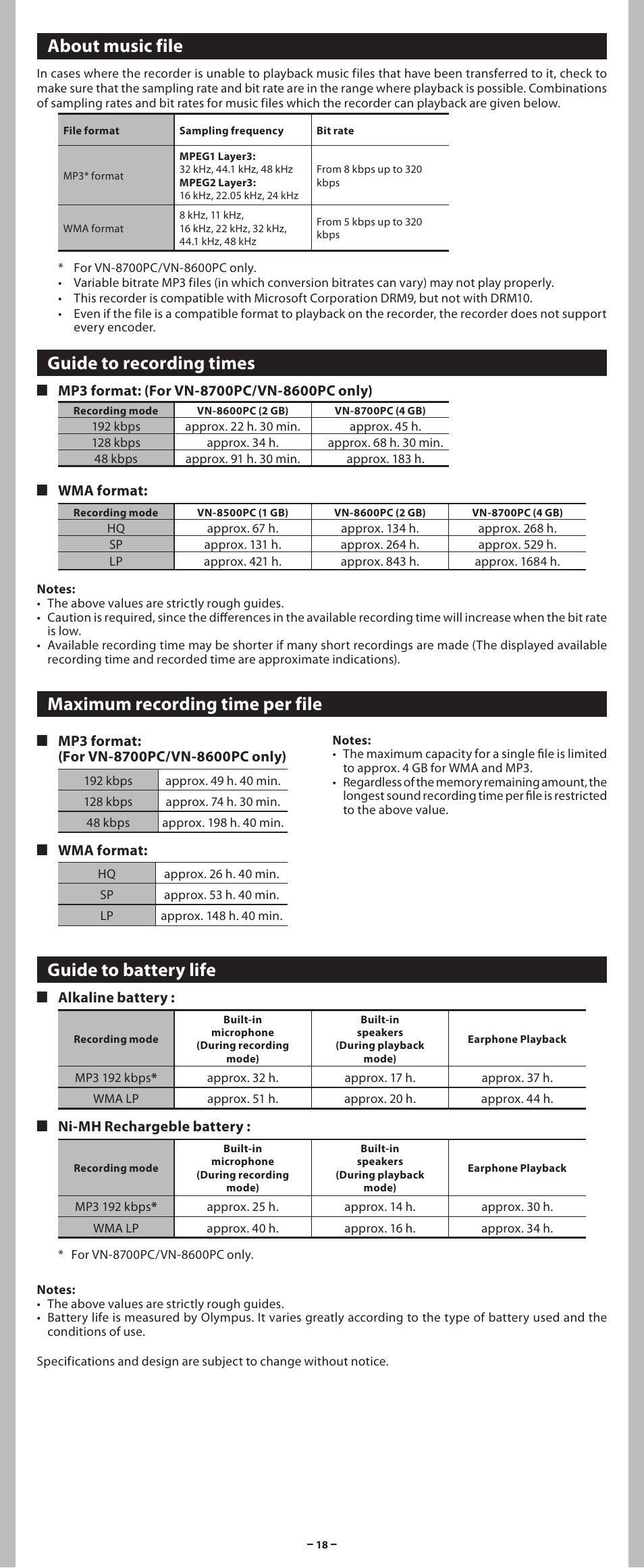About music file, Guide to recording times, Maximum recording time per file | Guide to battery life, 4 wma format, 4 alkaline battery, 4 ni-mh rechargeble battery | Olympus VN-8700PC User Manual | Page 18 / 18