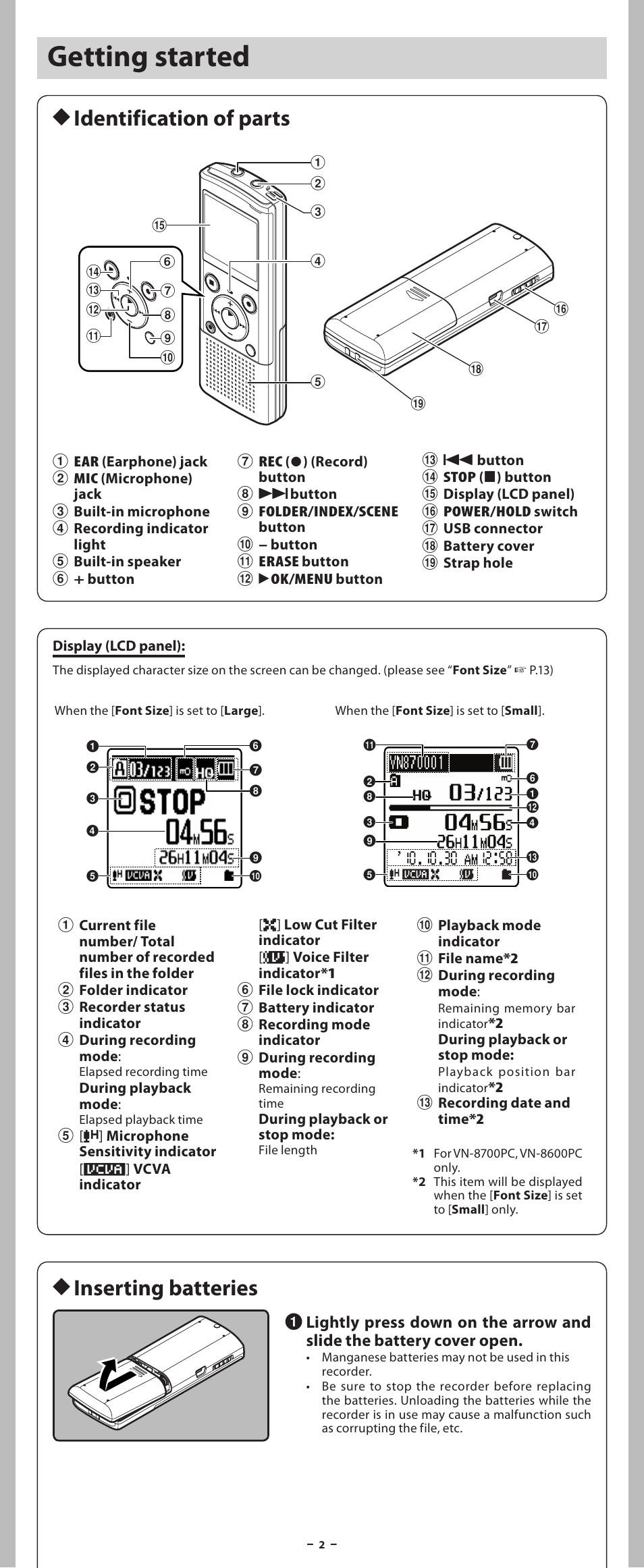 Getting started, H inserting batteries h identification of parts | Olympus VN-8700PC User Manual | Page 2 / 18