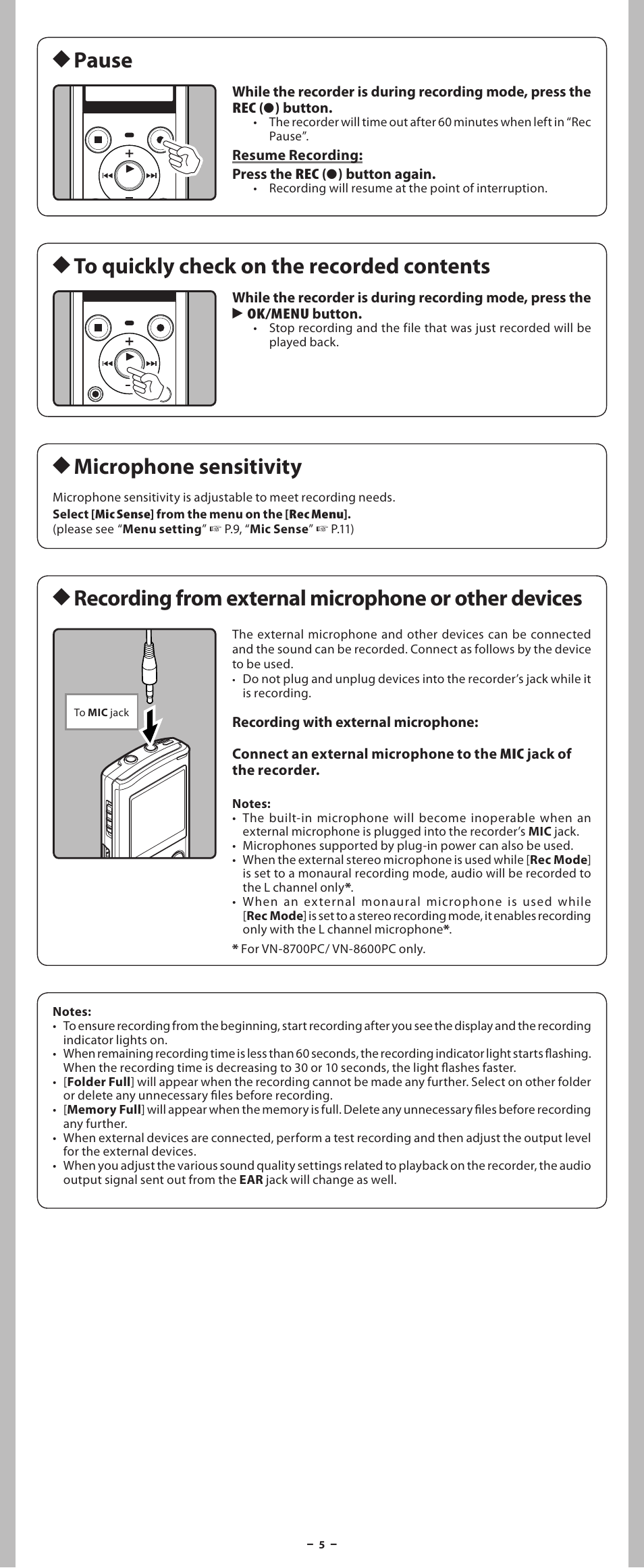 H pause, H to quickly check on the recorded contents, H microphone sensitivity | Olympus VN-8700PC User Manual | Page 5 / 18