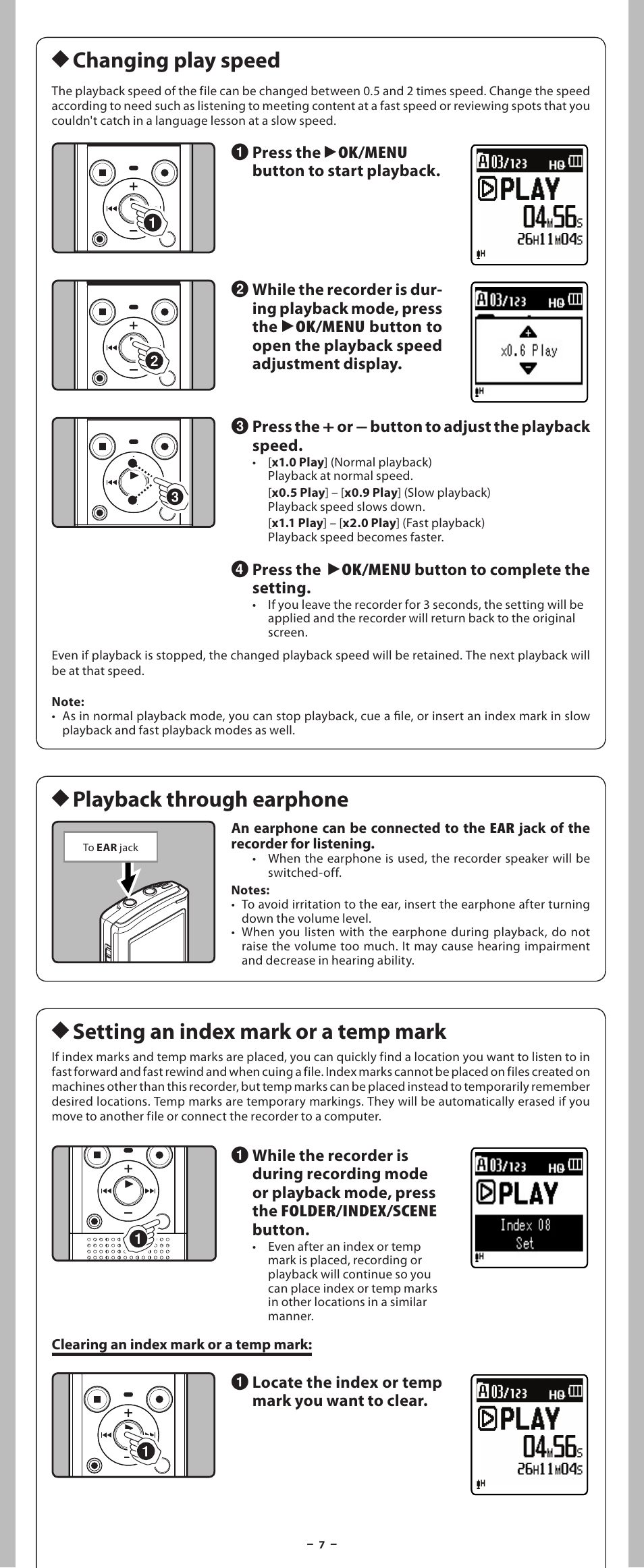 H playback through earphone, H setting an index mark or a temp mark, H changing play speed | Olympus VN-8700PC User Manual | Page 7 / 18