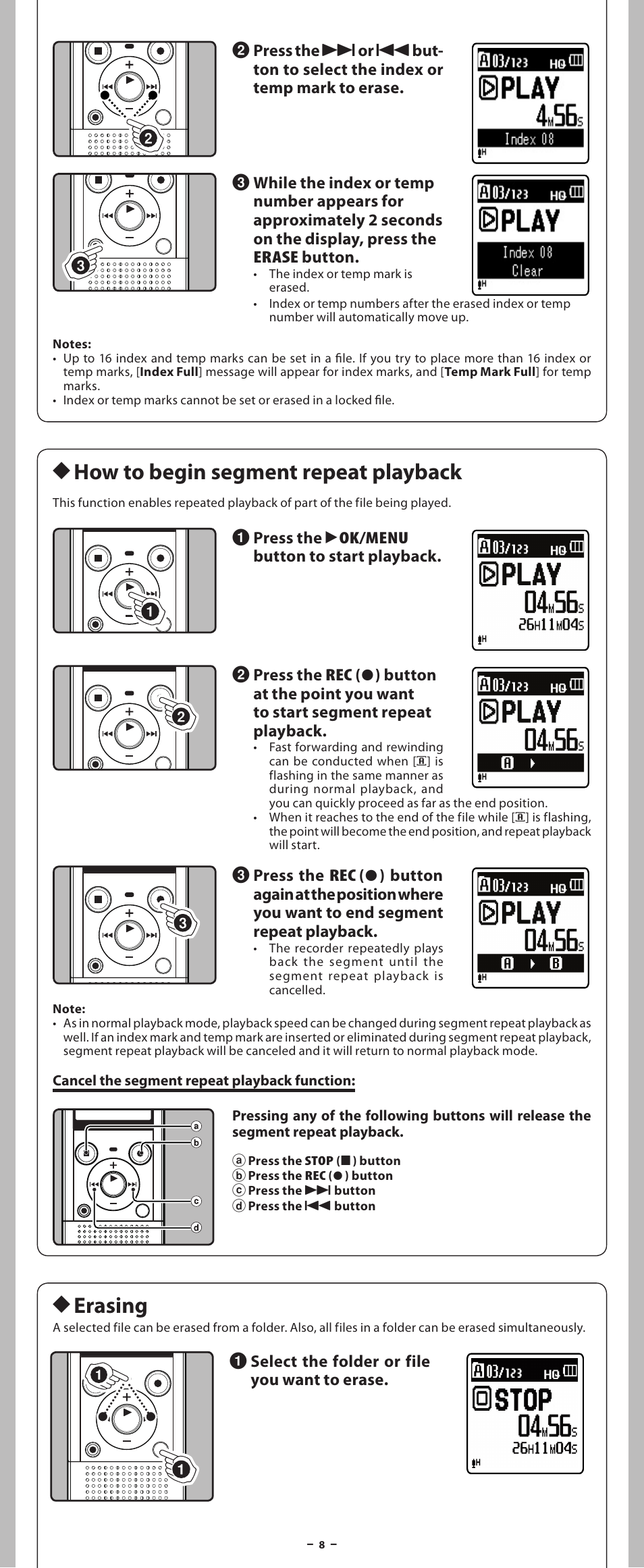 H how to begin segment repeat playback, H erasing | Olympus VN-8700PC User Manual | Page 8 / 18