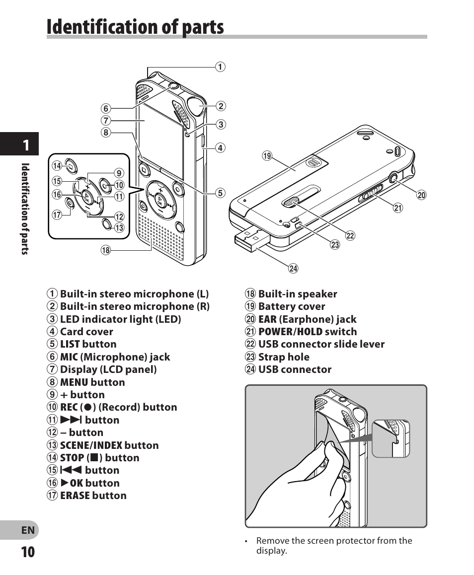 Identification of parts | Olympus WS-811 User Manual | Page 10 / 95