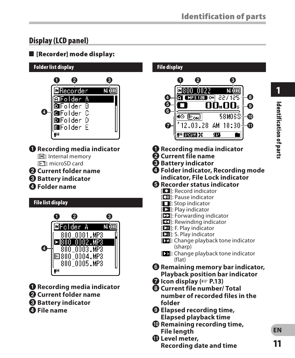 Identification of parts display (lcd panel) | Olympus WS-811 User Manual | Page 11 / 95