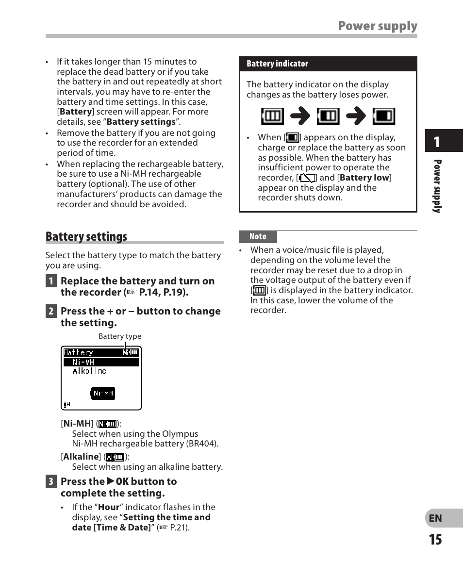 Power supply, Battery settings | Olympus WS-811 User Manual | Page 15 / 95