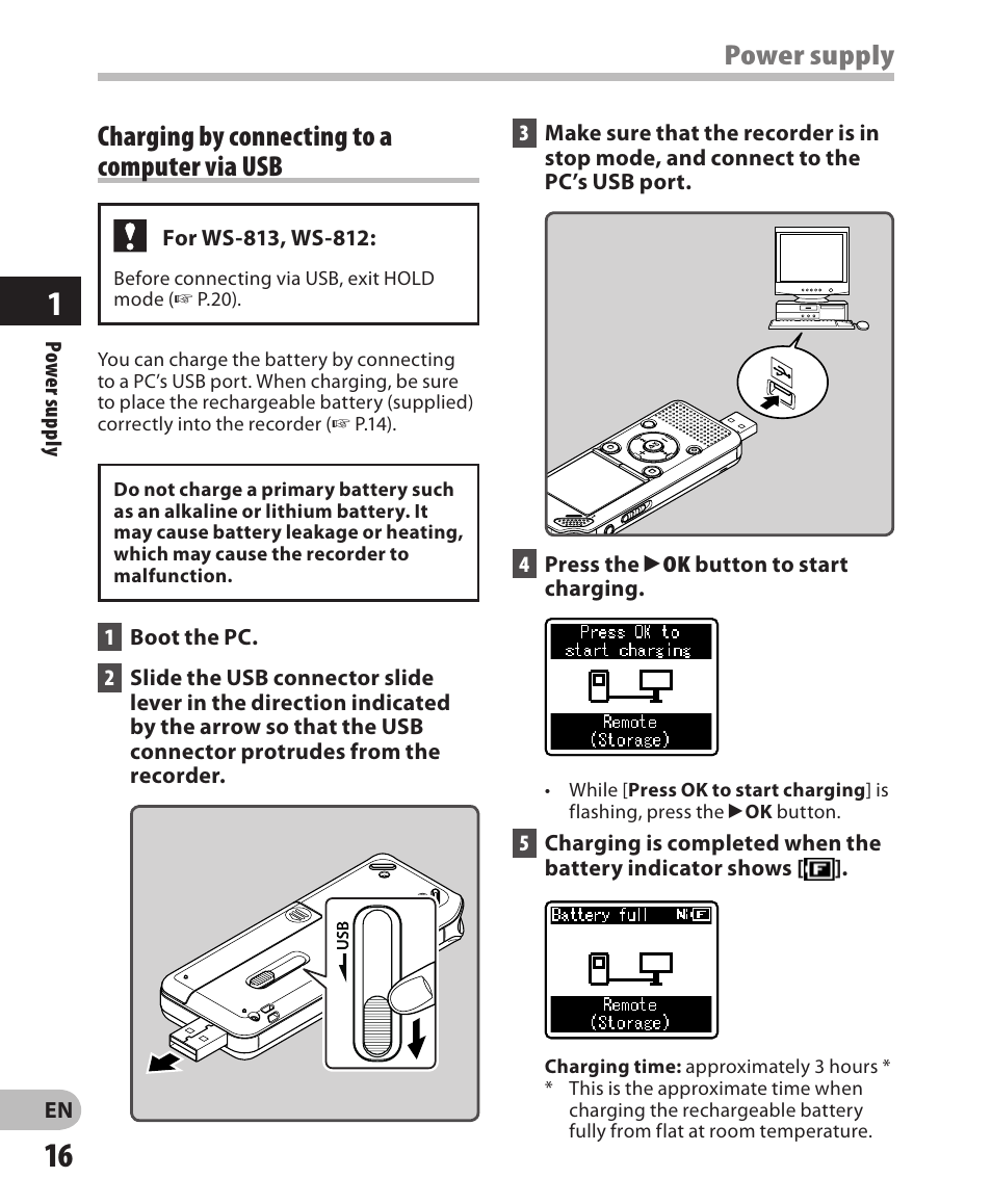 Power supply, Charging by connecting to a computer via usb | Olympus WS-811 User Manual | Page 16 / 95