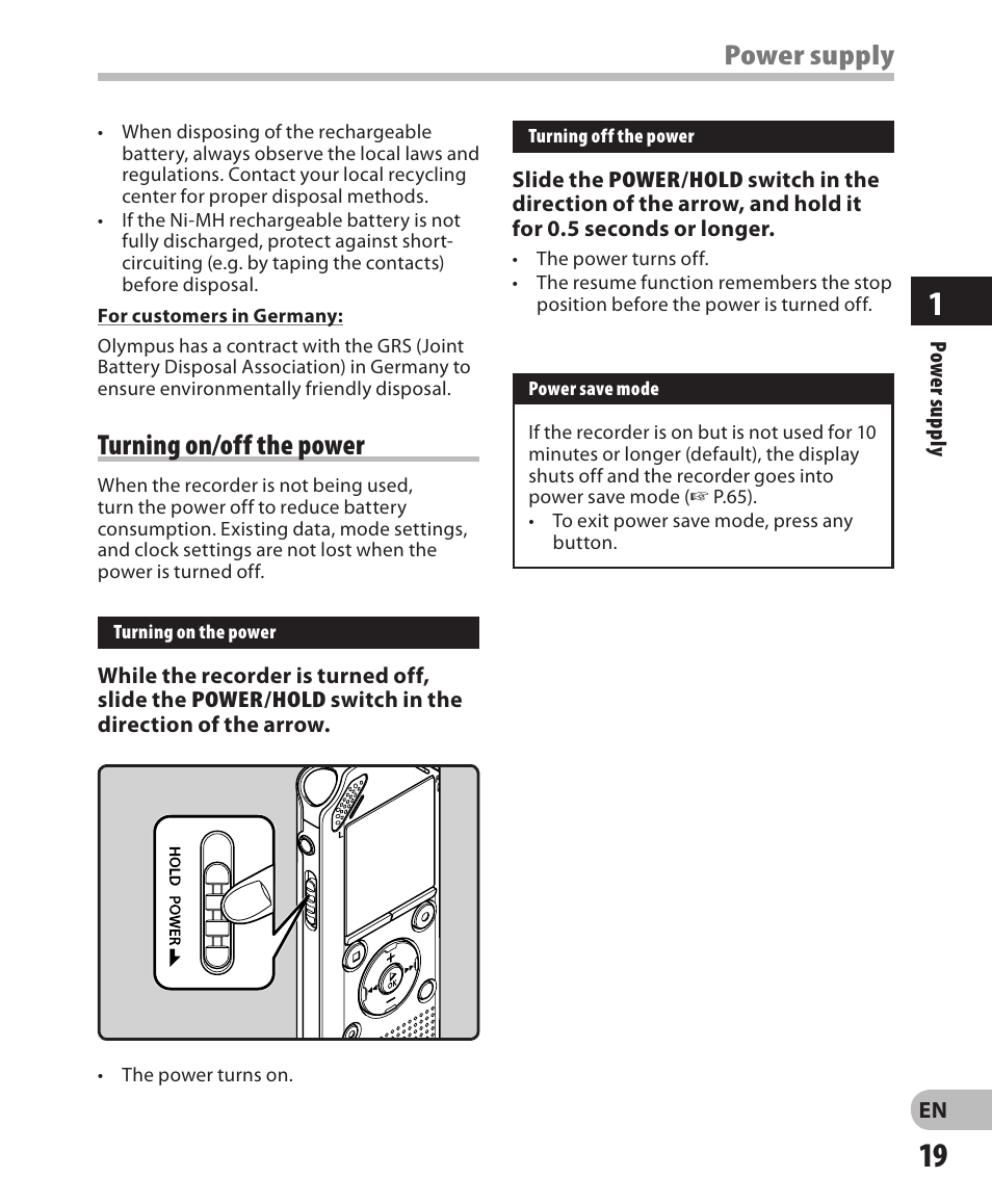 Power supply turning on/off the power | Olympus WS-811 User Manual | Page 19 / 95