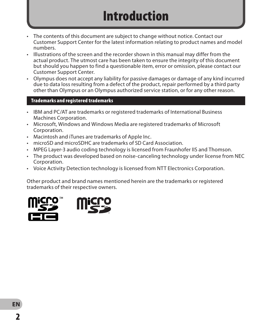 Introduction | Olympus WS-811 User Manual | Page 2 / 95