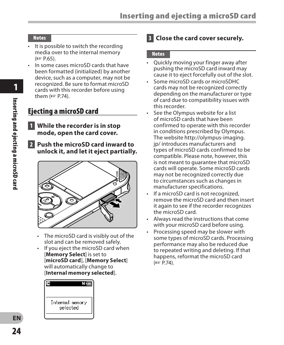 Inserting and ejecting a microsd card, Ejecting a microsd card | Olympus WS-811 User Manual | Page 24 / 95