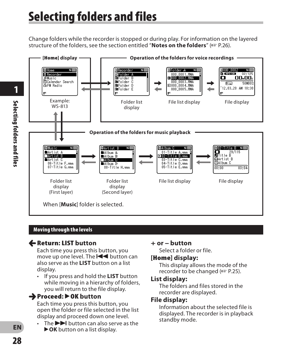 Selecting folders and files | Olympus WS-811 User Manual | Page 28 / 95