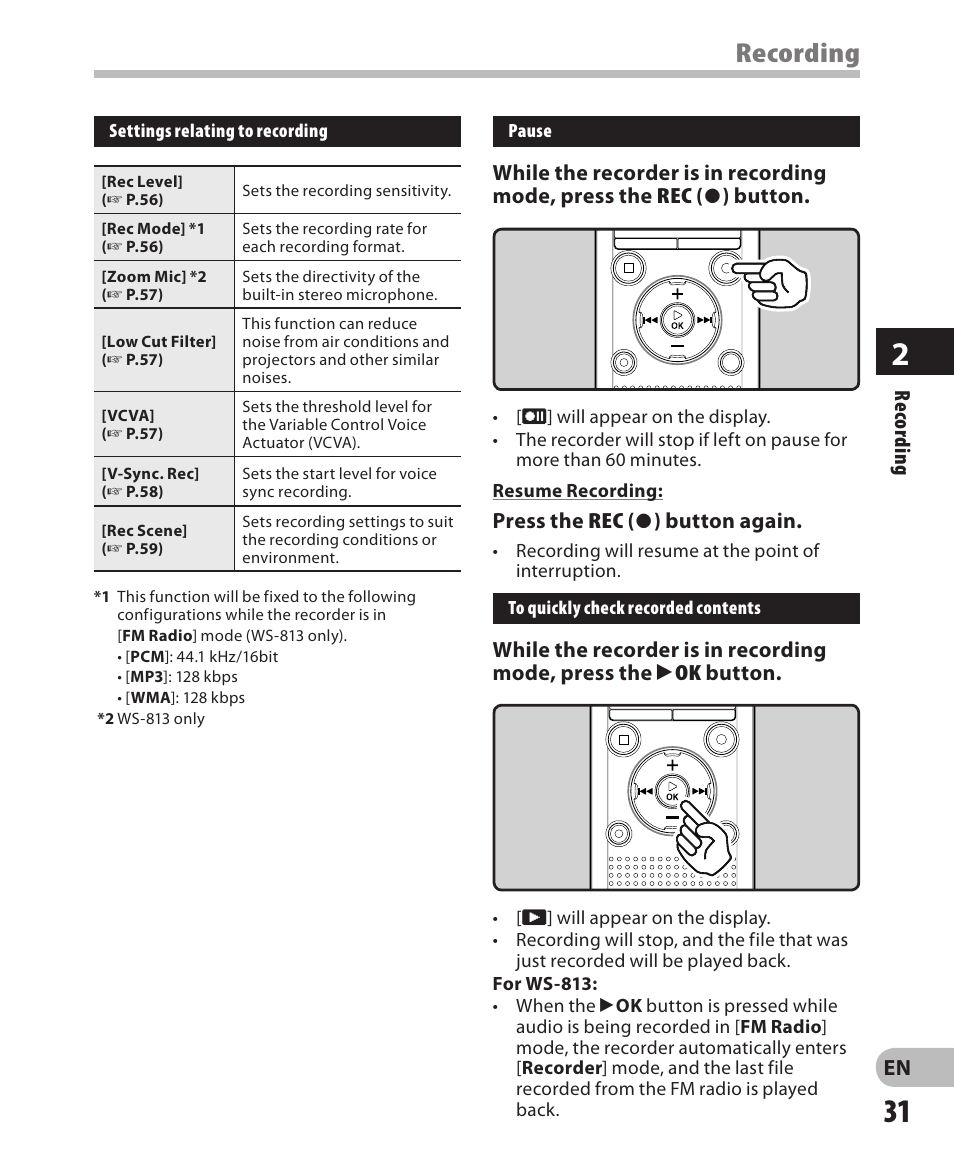 Recording | Olympus WS-811 User Manual | Page 31 / 95