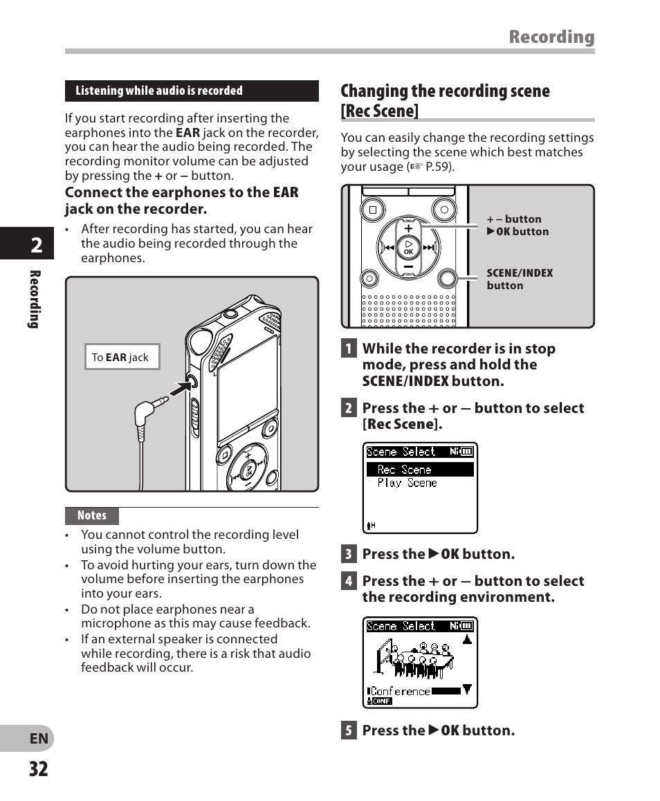 Recording, Changing the recording scene [ rec scene | Olympus WS-811 User Manual | Page 32 / 95