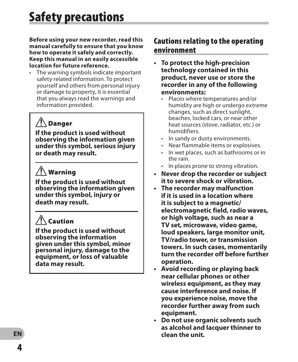 Safety precautions, Cautions relating to the operating environment | Olympus WS-811 User Manual | Page 4 / 95