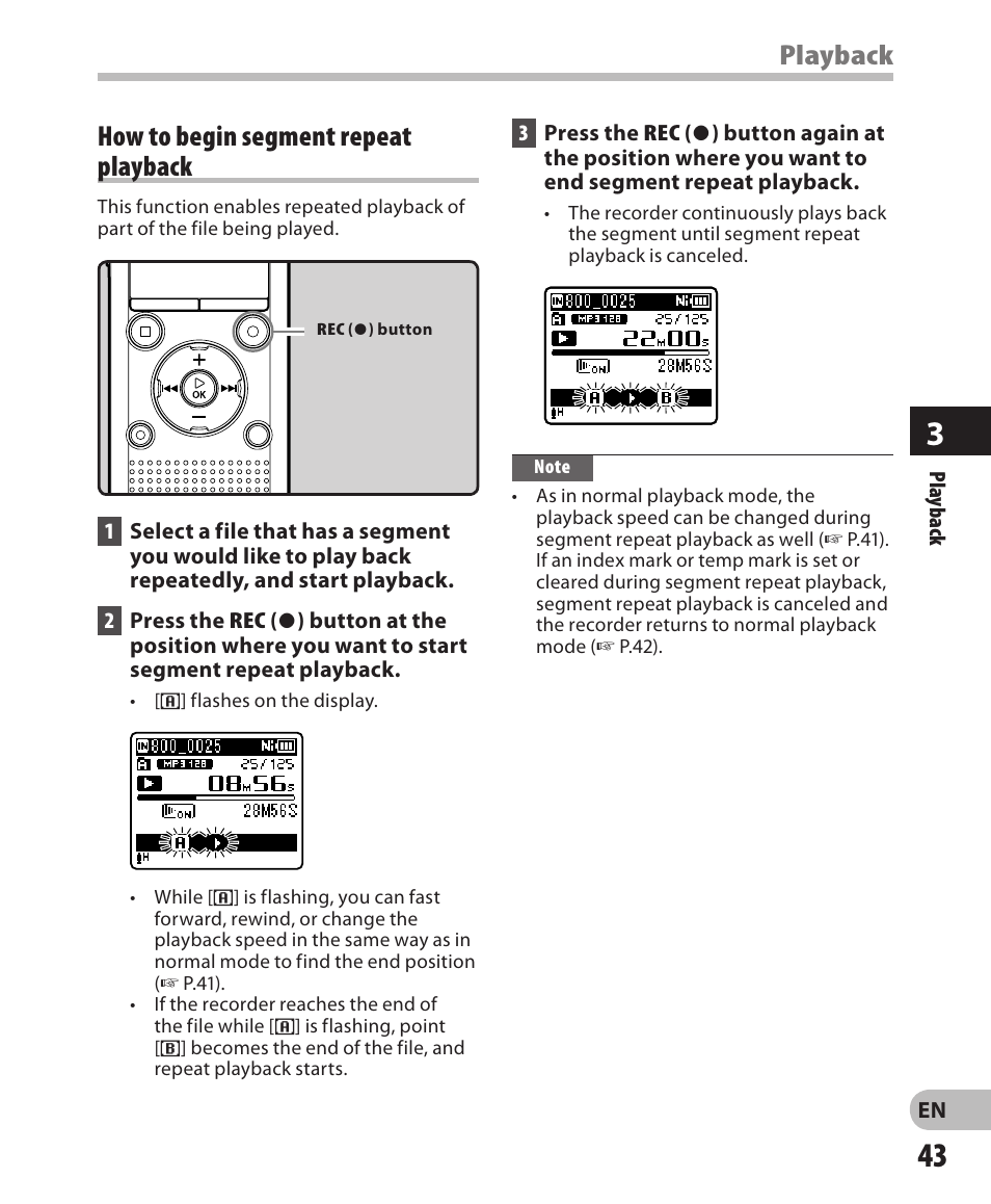 Playback, How to begin segment repeat playback | Olympus WS-811 User Manual | Page 43 / 95