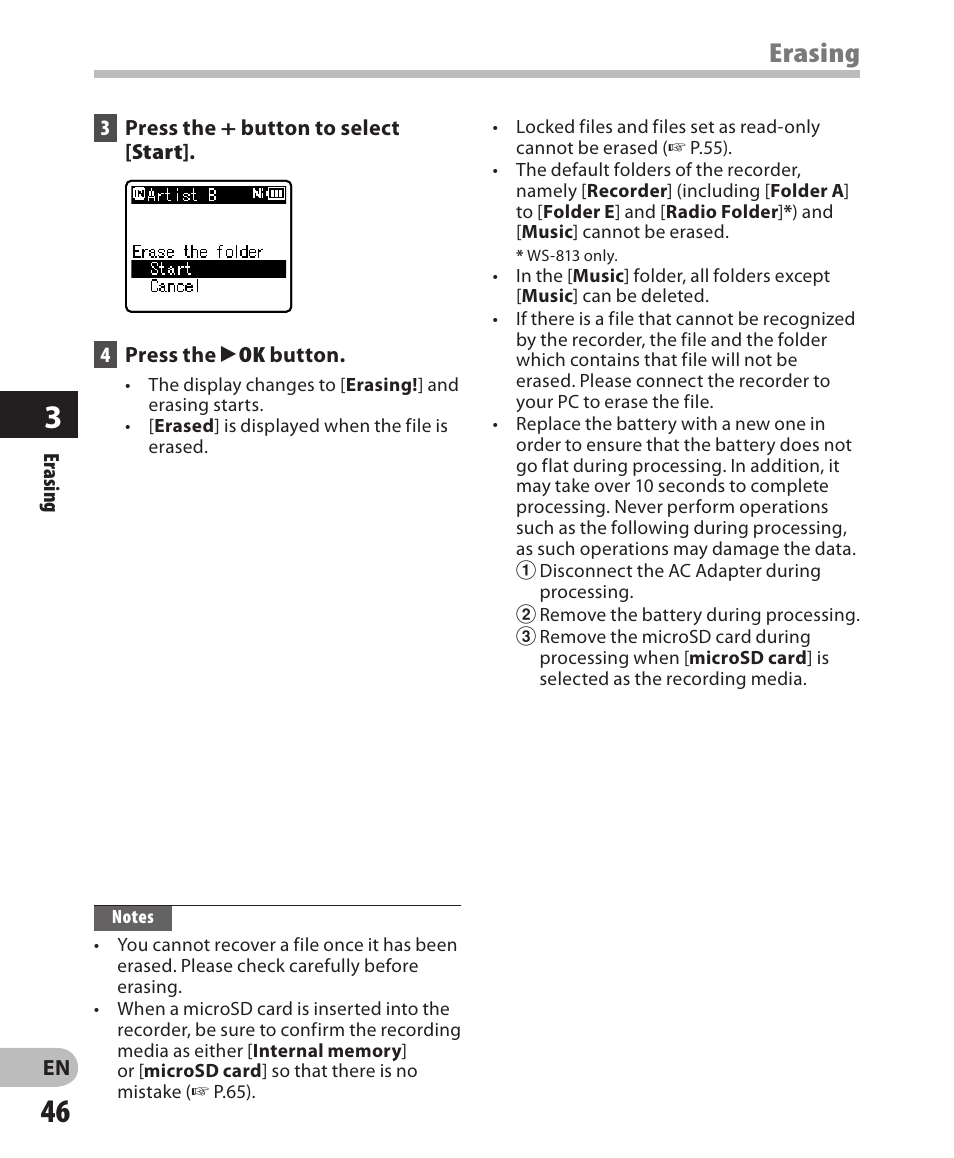 Erasing | Olympus WS-811 User Manual | Page 46 / 95