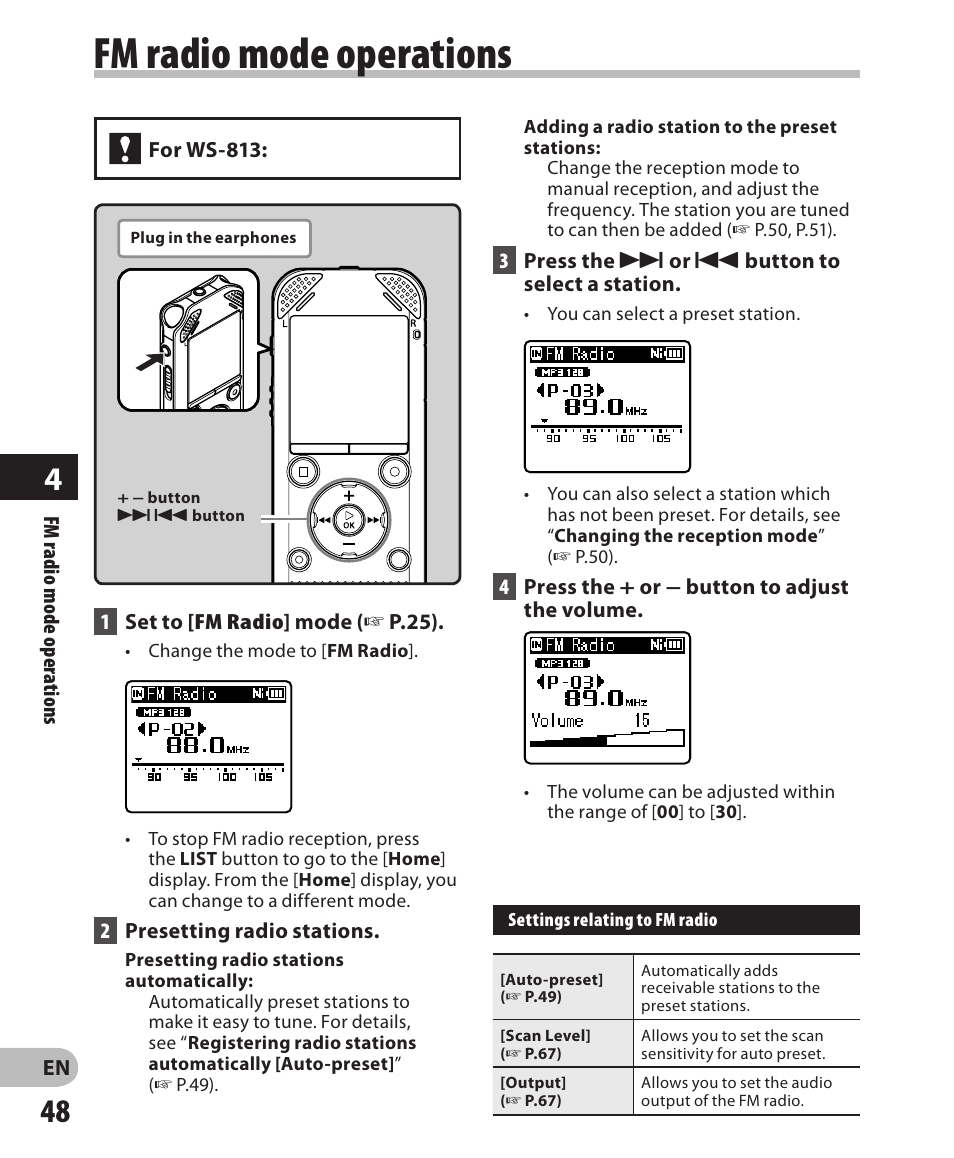 Fm radio mode operations | Olympus WS-811 User Manual | Page 48 / 95