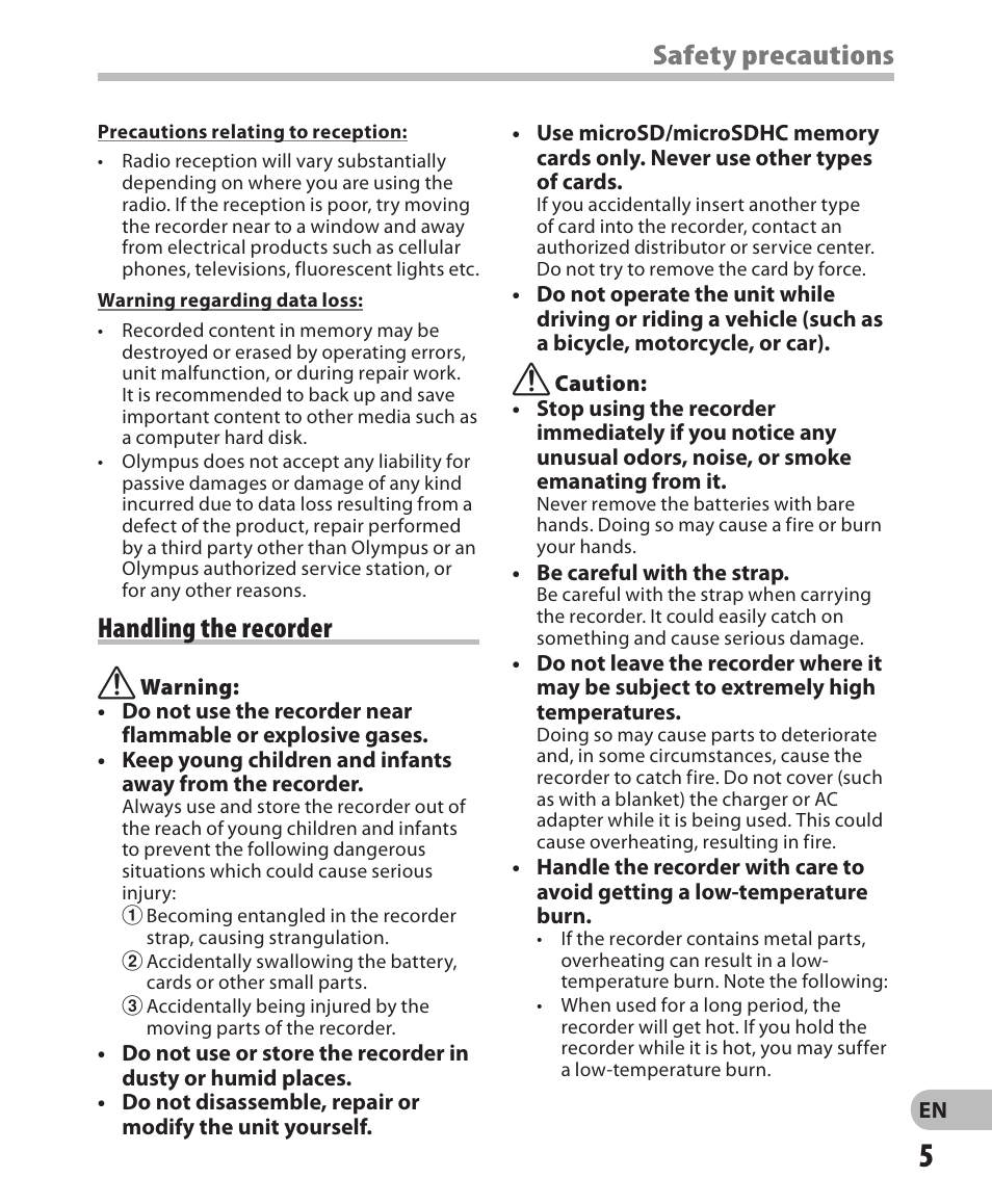 Safety precautions, Handling the recorder | Olympus WS-811 User Manual | Page 5 / 95