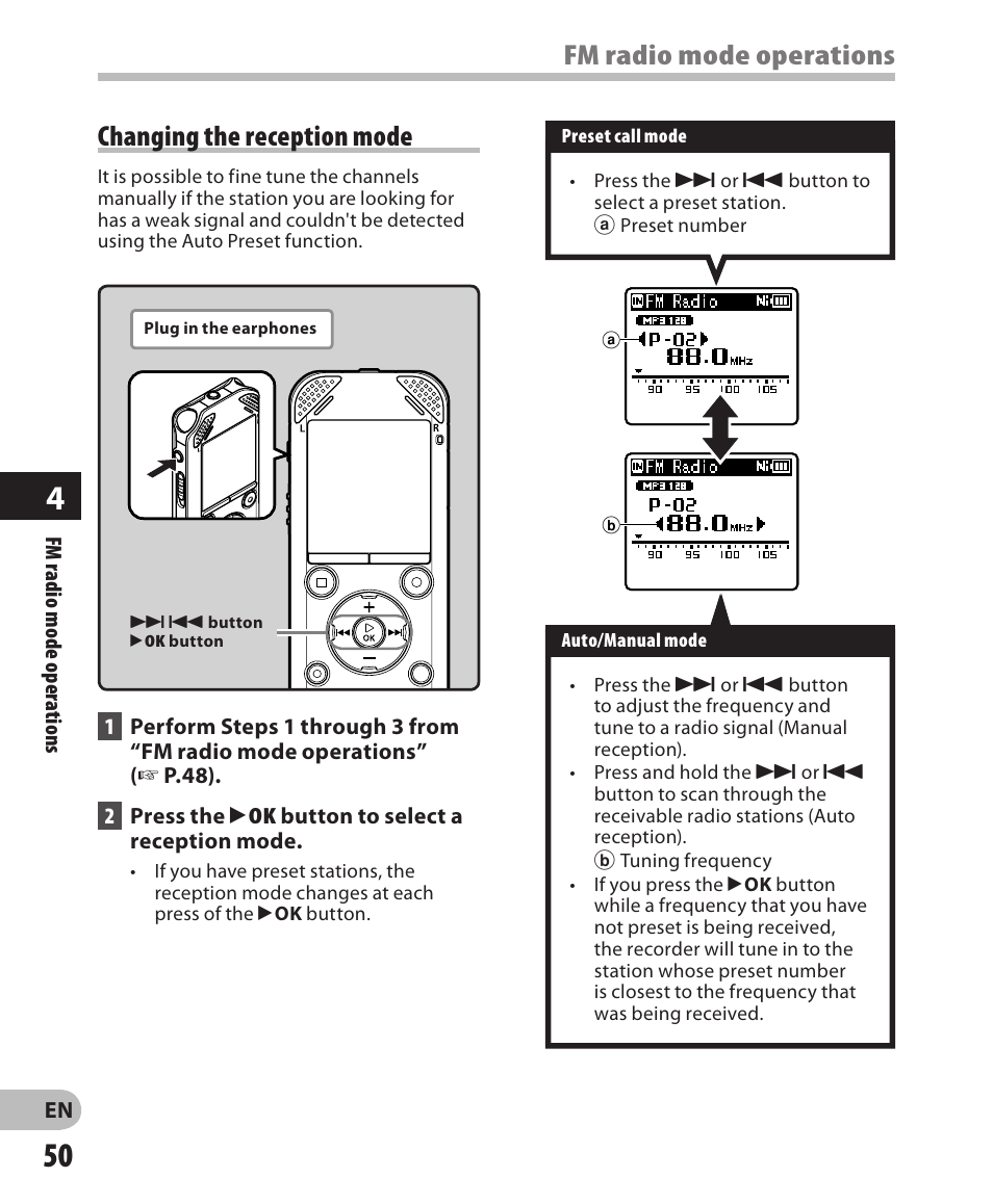 Fm radio mode operations, Changing the reception mode | Olympus WS-811 User Manual | Page 50 / 95